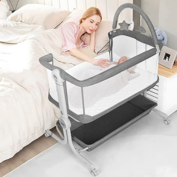 Cowiewie Bassinets 2-1 Beside Sleeper with Wheels & Hanging Toys for Baby Foldable - Handbag can be Stored or Carried Out
