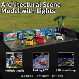 1/64 Display Case,Hotwheels Display Case,Scenic Diorama Display Car Park with LED Lights,Model Car Display Case for 5 Parking Spaces.