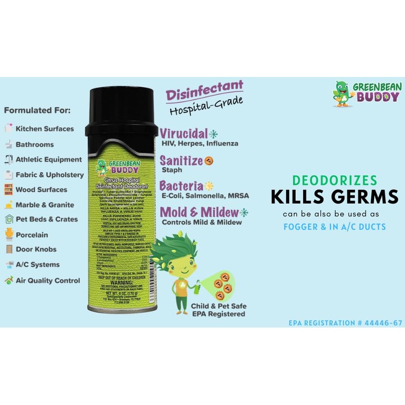 Green Bean Buddy Hospital Grade Disinfectant Flu Spray, Tubercilocidal, Herpes