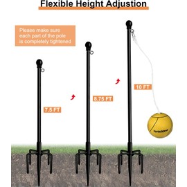 Tetherball Set with Ball & Rope for Outdoor Backyard, Adjustable Tether Ball Pole with Reinforced 5-Prong Base for Playground, Outside Ball Games Sports for Kids & Adults, Black