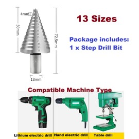 MiJunHD Ø 5-35mm HSS Step Drill Bit, 13 Step Cone Drill, 13mm Round Shank Taper Drill, Multi Size Hole Step Bit for Thicknesses within 4mm of Soft Metals, Aluminium, Wood and Plastics (1 Piece)