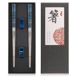 KWJEIULSOQ 2pair Metal Chopsticks Reusable Titanium Plated 18/8 Stainless Steel Chopsticks with Chopsticks Holder Non -Slip Japanese Chopsticks Chinese Chopsticks Gift Set for Family, Friends