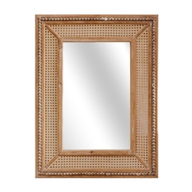 Synovana Boho Rattan Wall Mirror Wooden Framed Rectangle Mirror Wood Decorative Farmhouse Hanging Mirror for Bathroom Vanity Entryway Living Room Home Wall Decor - 24.21" x 1.18" x 32.28"