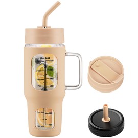 NOLOGLAZIC Glass Tumbler With Straw and 2 Lids, 32oz Glass Tumbler With Handle, Iced Coffee Cup With Silicone Sleeve, Glass Water Bottle With Time Marker, Coffee Tumbler for Home Work, Light Amber