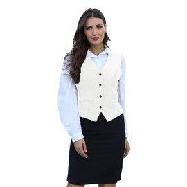 V VOCNI Women's Vest Fully Lined 4 Button V-Neck Sleeveless Dressy Casual Suit Vest Waistcoat White Medium