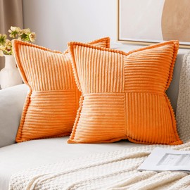 Set of 2 Orange Striped Patchwork Corduroy Throw Pillow Covers 18x18, Soft Corss Splicing Textured Cushion Case, Decorative Throw Pillows for Couch Sofa Bed Living Room Home Decor