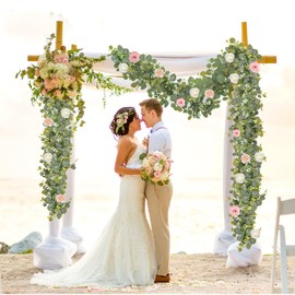 N&T NIETING 6 Pack Artificial Eucalyptus Leaf Garland, Faux Greenery Garland Decor 6 FT Summer Garland, Fake Hanging Vines Garlands for Decoration Table Mantle