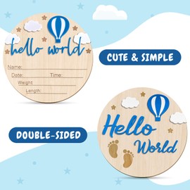 Hello World Baby Sign, 5.9 Inch Double-Sided Wooden Cute Baby Announcement Sign, Birth Announcement for Newborn Boy Girl Photo Props Hospital Nursery(Dark Blue)