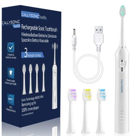 CALLYSONIC Sonic Rechargeable Electric Toothbrush for Adults Kids, 48,000VPM Rechargeable Toothbrushes with Normal, Sensitive, Massage Modes, 4 Replacement Brush Heads - White