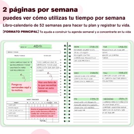 Agenda Semanal Sin Fecha, Cuaderno Espiral A5 Inglés, Agenda de Trabajo, Notas Semanales, Cubierta de PVC Impermeable (verde claro)