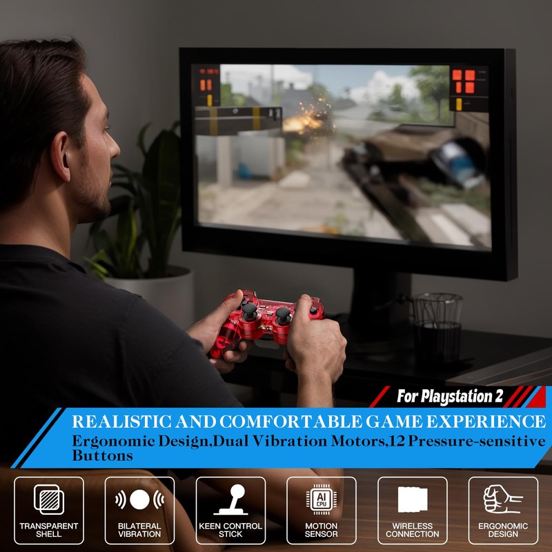 Degulan Wireless Controller Compatible with PS-2 Console, Remote Gamepad for