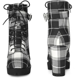 Perphy Platform Lace Up Chunky Heel Plaid Printed Black Ankle Combat Boots for Women 9 M US