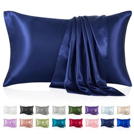 Silk Like Satin Pillowcase Standard Size, Navy Blue Smooth and Cooling Satin-Silk Pillow Cases for Hair and Skin with Envelope Closure, Gift for Women Men, 2 Pack (20x26, Navy Blu)