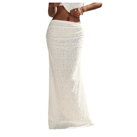 Verdusa Women's Eyelet Embroidery Ruched Maxi Skirt Drop Waist Fishtail Bodycon Skirts Apricot Medium