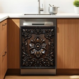 Dark Black Wooden Flowers Dishwasher Magnet Cover for Kitchen Décor