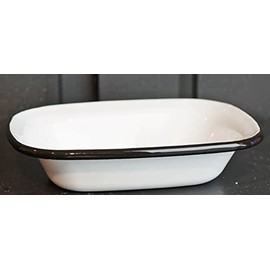 Vintage Enamel Soap Dish | White with Black | Farmhouse Style Bathroom Bowl | 6.5 x 4.75 inch