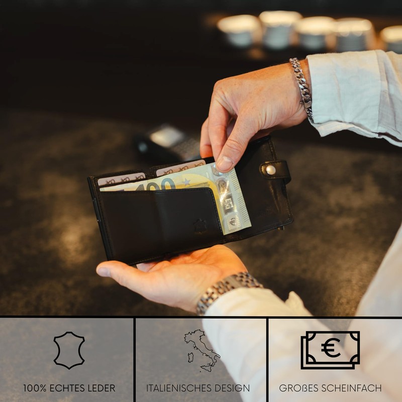 BAUR Slim Wallet with Coin Compartment, Genuine Leather Credit Card