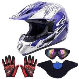 OUMURS Adult Dirt Bike Helmet with Goggles Gloves & Mask Adjustable Sun Visor Motorcycle Adults ATV Helmet Off-Road Motocross Downhill Moped MX for Unisex-Adult-New Blue Flame, S