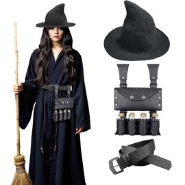 HiiFeuer Medieval Alchemy Set, Witch Pointed Hat for Women, Fantasy Wizard Belt with Potion Vials Waist Pouch (Black A)