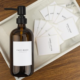 Ezebesta Set of 3 Amber Glass 16.9oz Soap Dispensers with 22 White Labels Bathroom Liquid Bottle Container with Black Pump