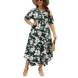 Nemidor Womens Casual Plus Size Boho Print V Neck Flared Maxi Dress with Pocket NEM403(22,Green Apricot)