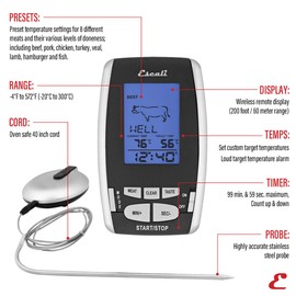 Escali DHRW1 Wireless BBQ, Meat, Fish Thermometer and Timer, 200 Feet/65 Meter Range, Stainless Steel Oven Safe Probe, Black/Silver