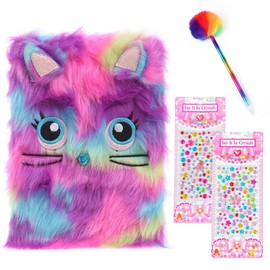 Cute Notepad Cartoon Notebook,Secret Diary for Girls,Plush Girl Notebook Cat Journal Notebook Set Fluffy Diary with Crystal Stickers Ballpen,Children Journal Diary Notepad for Kids Girls 6-14 Year old