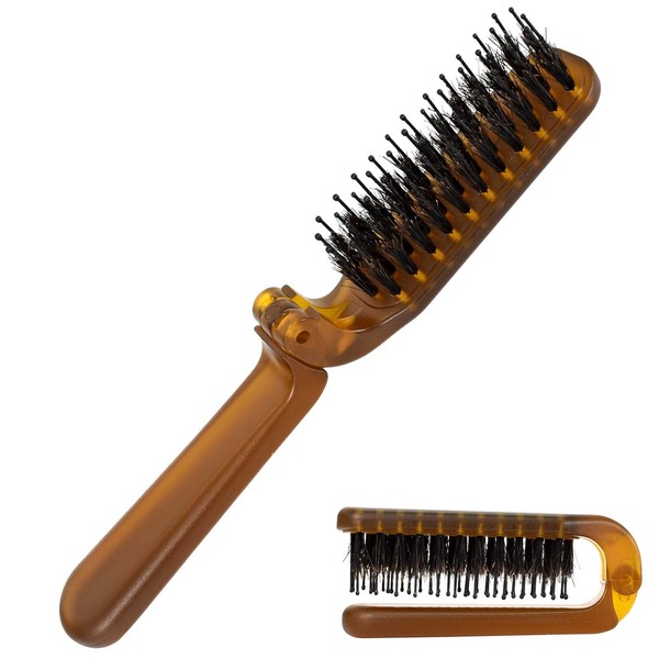 Focenat Travel Boar Bristle Hair Brush, Folding Massage Hair Combs Compact Travel Pocket Hair Brush/Comb Anti-Static Row Hair Brush Mini Hair Comb for Women Men Hair Styling(Amber)