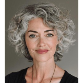 Siudus Grey Short Curly Wigs for Women Bob Side Part Natural Hair Wig Synthetic Fibre Daily Party Wig(Grey White)