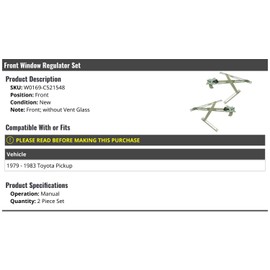 Marketplace Auto Parts Front Manual Window Regulator Set of 2 - Compatible with 1979-1983 Toyota Pickup (Without Vent Glass)