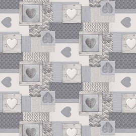 QPC Direct Knitted Hearts Grey PVC Oilcloth Table Cover Vinyl Tablecloth 140 x 200cm Rectangle
