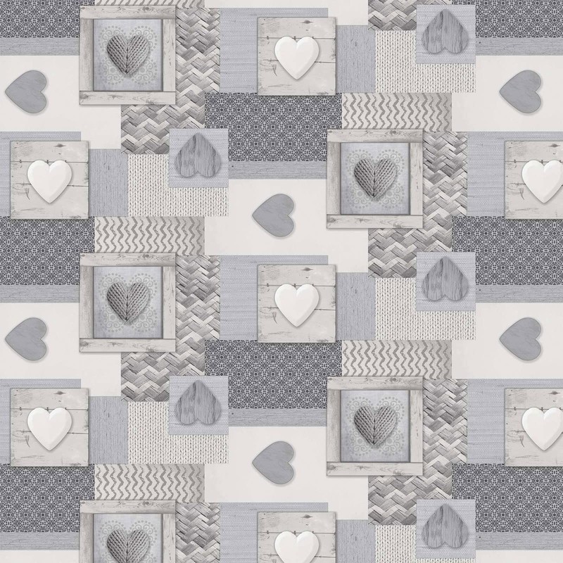QPC Direct Knitted Hearts Grey PVC Oilcloth Table Cover Vinyl
