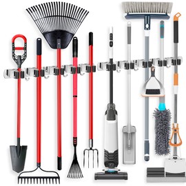 IMILLET 2 Pack Wall Mount Broom Holder Stainless Steel 5 Racks with 4 Hooks Broom Organizer Self Adhesive Heavy Duty Laundry Room, Garage Organization Storage