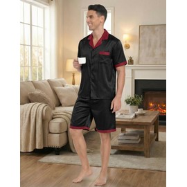 Ekouaer Men Satin Silk Pajamas Set with Pockets Sleepwear Shorts Satin Summer Loungewear 2 Piece Button Down Set S-XXL Black