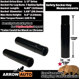 Arrow 1pc 1/2" Drive Socket Key Tool 4.85" Tall For 7-Spline Spike Lug Nut