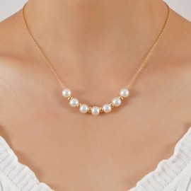 Inateannal Boho Pearl Choker Necklace Chain Gold Pearl Bead Necklace Vintage Pearl Pendant Necklace White Freshwater Pearl Necklace Tiny Bead Ball Chain Necklace