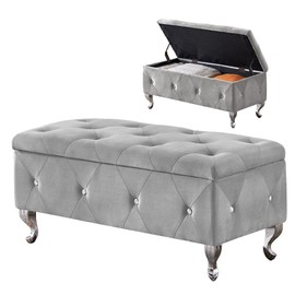 mikibama Velvet Storage Ottoman Benches for Bedroom End of Bed,Diamond Button Tufted Window Seating Bench,Cushioned Entryway Bench with Storage,Living Room Footrest with Metal Legs (Grey Velvet)
