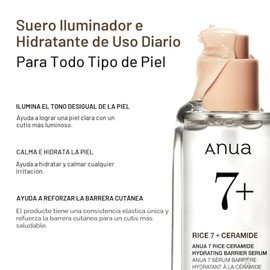 ANUA Rice Ceramide 7 Suero Hidratante de Barrera, Suero Hidratante para la Cara, Arroz, Ácido Hialurónico, Niacinamida, Sin Fragancia, No Comedogénico