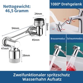 PiPiCat PPC-WHAF 1080° Rotating Water Saving Tap Attachment Multifunction Nozzle for Kitchen and Bathroom, Silver, Splashproof, ABS Material, Polished