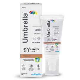 Umbrella Perfect Skin tono oscuro | base fluida con Foto protector solar facial SPF 50+ | corrector de imperfecciones de la piel | todo tipo de piel (Normal-seca, Mixta-grasa) | color EFECTO MATE | water Resitand | UVA/UVB, IR-A; UV-HEV | tubo con 50gr.