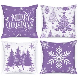 Lanpn 40x40 cm Purple Christmas Pillow Covers Set of 4, Christmas Decorations Pillowcase, Winter Decorative Pillow Case, 16x16 Christmas Tree Cushion for Indoor Home Bedroom Sofa Xmas Couch Decor