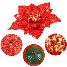 Pack of 24 Sparkle Poinsettia Artificial Christmas Flowers Poinsettia Decorations Wedding Christmas Tree Ornaments, 3/4/6 Inch (Red)