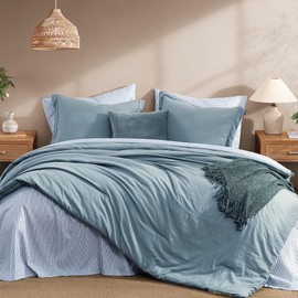 Monbix Queen Comforter Set - 7 Pieces Dusty Blue Prewashed Bed in a Bag Queen Bedding Sets with Comforters, All Seasons Down Alternative Comforter Bed Set with Sheets,Pillowcases & Shams