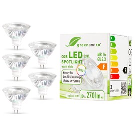 greenandco® CRI 90+ MR16 GU5.3 LED Spot 3W Replaces 30W 270lm 2700K (Warm White) 38° Beam Angle 12V AC/DC Glass Body with Protective Glass, 5-Pack