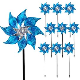 Hausse 10 Pack Reflective Pinwheels with Stakes, Extra Sparkly Pin Wheel for Garden Decor, Bird Repellent Devices Deterrent to Scare Birds Away from Yard Patio Farm, Blue