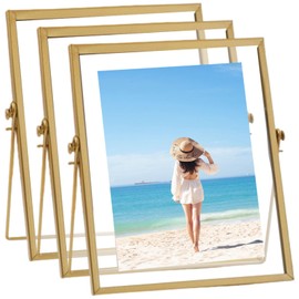 Hyuetrsa 3 Pcs Gold Floating Picture Frame, Tabletop Shelf Photo Frame, 7 x 9 '' Vertical Glass Frames for Multi Size Photos Including 4×4,4×6,5×7,for Christmas Wedding New Year