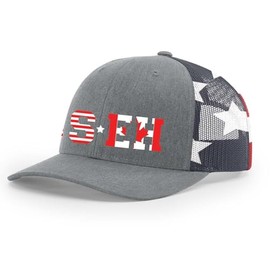 Patriot Pride Mens US EH United States Canada Annex Patriotic Embroidered Trucker Hat, Heather Grey/American Flag