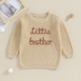 Zukmuk Baby Boys Big Brother Little Brother Matching Outfits Knit Sweater Sweatshirt Letter Embroidery Crewneck Long Sleeve Pullovers Baby Boy Warm Winter Clothes (Khaki Little, 6-9 Months)