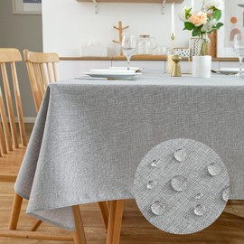 SPRICA Rectangle Tablecloth 180x140cm Water Resistant Linen Texture Spill Proof Wipeable Solid Colour Table Cover, Light Grey