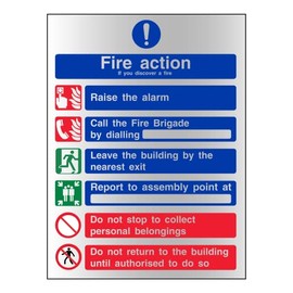 Landlord Direct Supplies General Fire Action 6 Message Sign - Portrait - 150mm x 200mm (SA Backing) (Brushed Aluminium 3mm Composite)